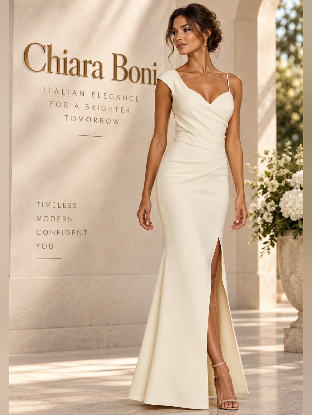 NWT! Chiara Boni One-Shoulder Front-Slit Wrap Gown Size 8